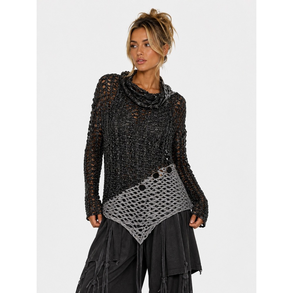 LuLu B Lagenlook Art to Wear Black Gray Cowl Neck Asymmetrical Tunic Sweater L